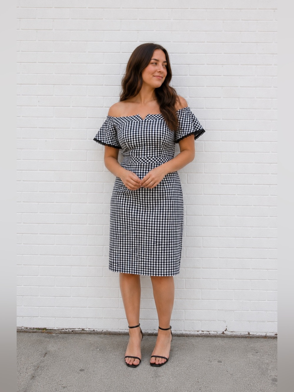 Nanette Lepore Gingham Off Shoulder Rockabilly Pin Up Wiggle Dress Retro Size 14 - Picture 2 of 12